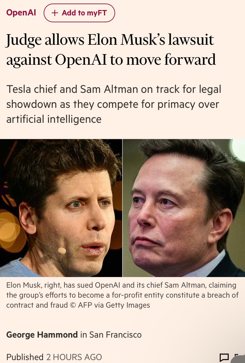 ns123abc's tweet photo. 🚨🚨🚨BREAKING:
US JUDGE ALLOWS ELON MUSK LAWSUIT AGAINST SAM ALTMAN
> The ruling keeps @elonmusk and OpenAI @sama on track for a legal showdown
> Judge has also agreed to expedite the trial before March 2026
> “In the world of litigation this is a big win,” said a person close to Mr. Musk
we are so back.