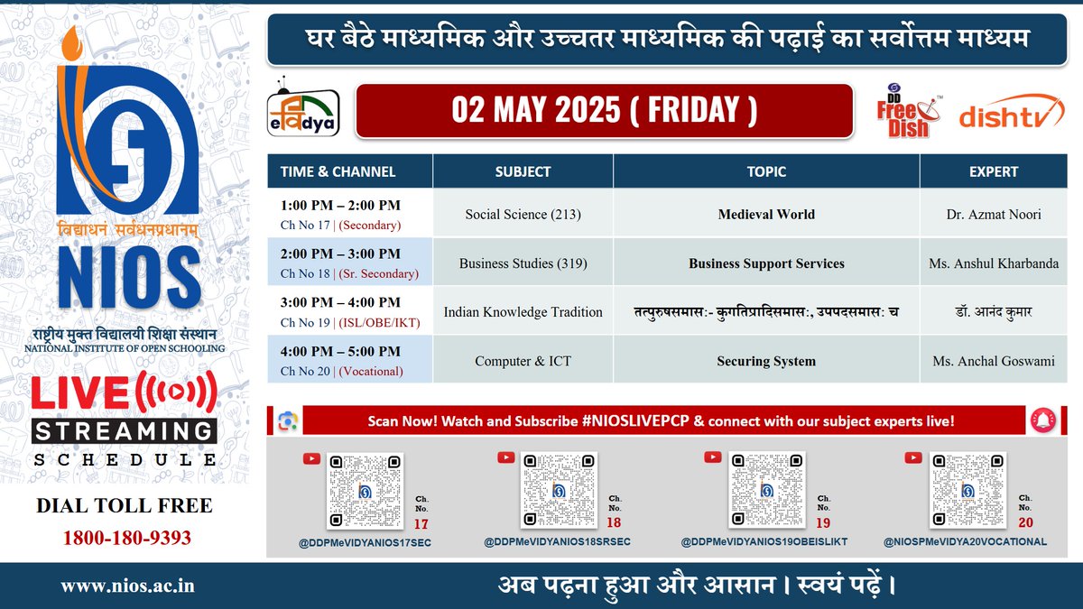 niostwit's tweet image. 📺 #NIOS_LIVE – 02 May 2025

🕐 1–5 PM | Ch. 17–20

🌍 Social Science: Medieval World
💼 Business Studies: Support Services
🕉️ Indian Knowledge Tradition
💻 Computer &amp;amp; ICT: Securing System

🔗 nios.ac.in

#NIOSLivePCP #OpenSchool