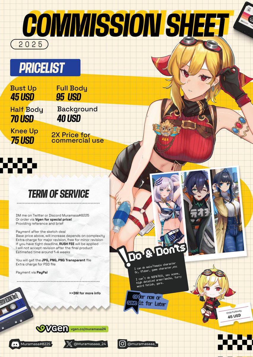 2025 Coms Sheet(RTs are really appreciated)✨
Check my bio for slot availability. Grab it fast, because the slots are limited!

💥hit my dm if you're interested.

Check my vgen for special price!
vgen.co/muramasa24

#CommissionOpen #Commission #ArtistOnTwitter #VGen