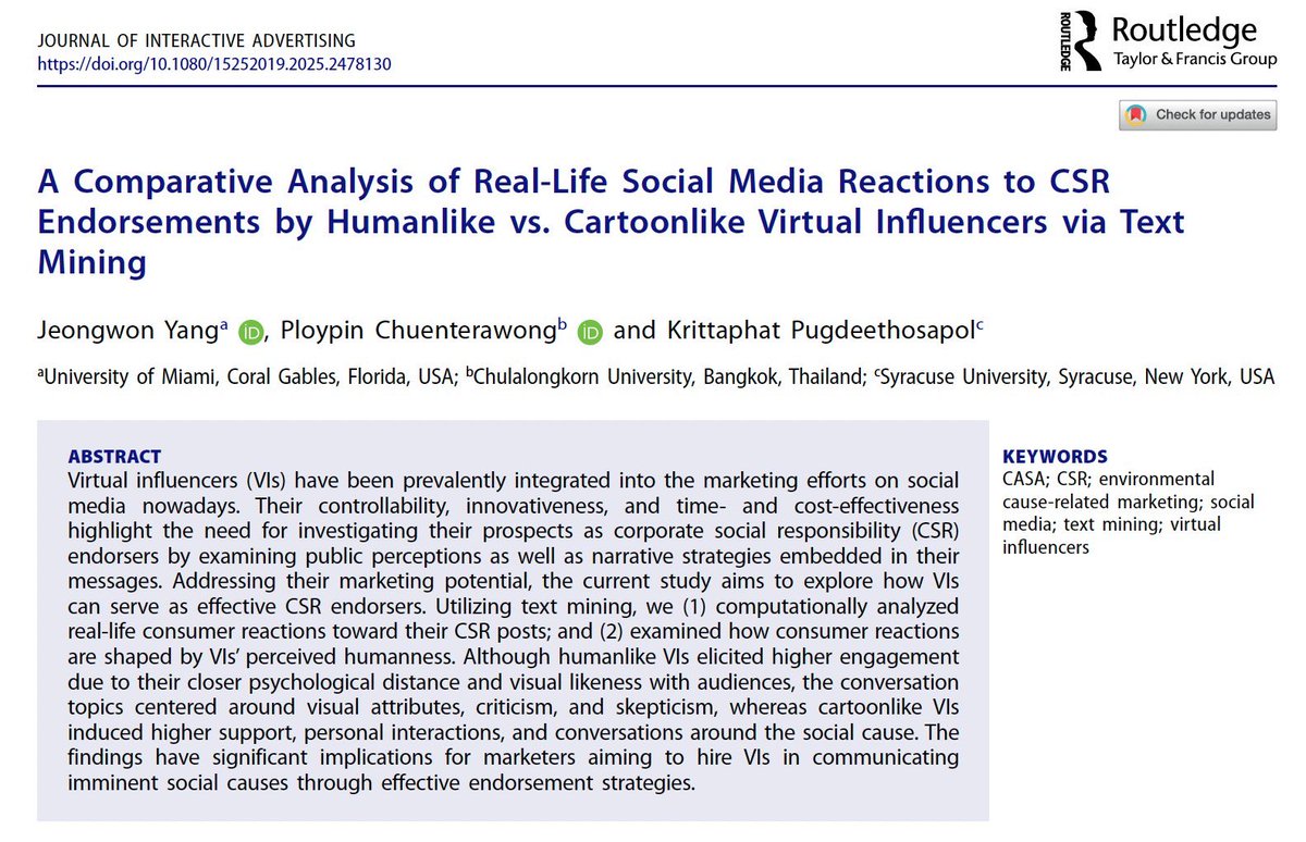 JeongYang7's tweet photo. Excited to share our latest study on CSR endorsements by humanlike vs. cartoonlike virtual influencers using text mining 👉https://t.co/jgsdguBKMW https://t.co/7ALQTL5j2R