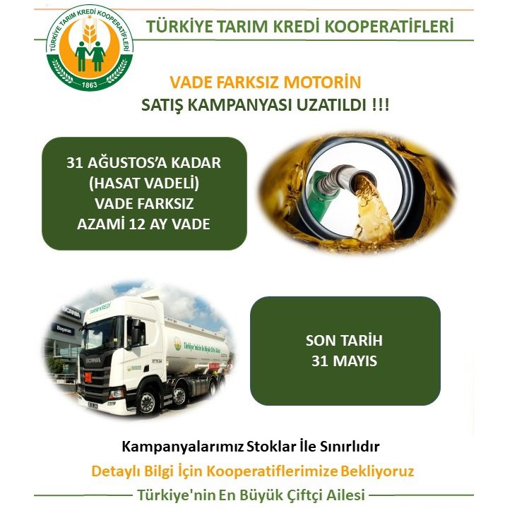 Motorin kampanyamıza gösterdiğiniz yoğun ilgi için teşekkür ederiz. Kampanyamız 31 Mayıs’a kadar uzatılmıştır. Bu tarihe kadar yapılan motorin alımlarında, 31 Ağustos’a kadar vade farksız ödeme imkanı devam edecektir.