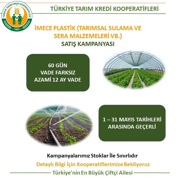 Değerli üreticilerimiz, Mayıs ayı boyunca geçerli olmak üzere İmece Plastik (tarımsal sulama ve sera malzemeleri vb.) ürünlerinde 60 gün vade farksız satış kampanyası başlatılmıştır, Kooperatiflerimize bekleriz.