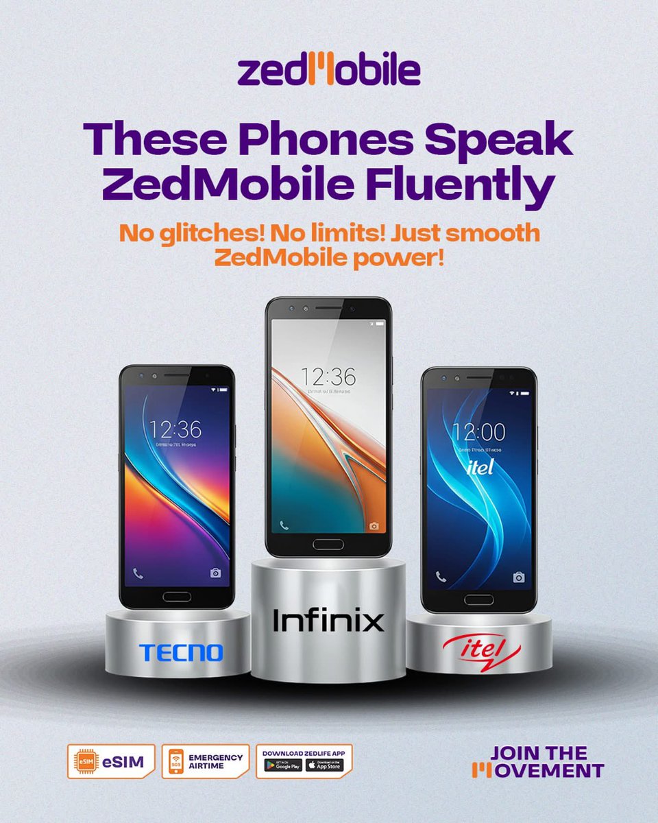 These Phones Speak ZedMobile Fluently!
Whether it’s Infinix, TECNO or itel, the ZedMobile network is lightning-fast on them all!
No glitches. No limits. Just smooth internet and unstoppable connection.

#zedmobile #inspiredconnection #jointhemovement #zambia