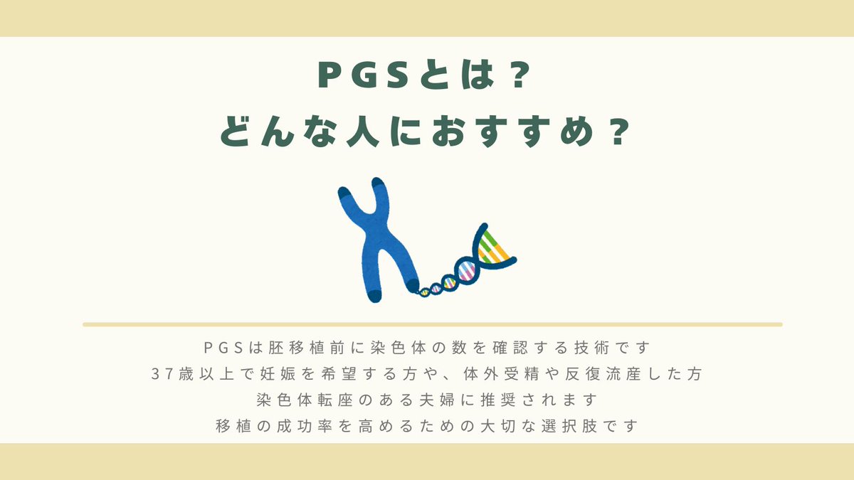 tfcivf's tweet photo. 🌟 より高い成功率を目指して—PGS着床前遺伝子スクリーニングとは？ 🌟

体外受精（IVF）を受ける多くのご夫婦にとって、健康な赤ちゃんを迎えることは何よりの願いです👶💖。
しかし、胚の染色体異常は着床や胎児の成長に影響を及ぼす可能性があります。
そこで活用されるのが、PGS（着床前遺伝子スクリーニング）という技術です。

🔬 PGSとは？どんな方に適している？
PGS（Preimplantation Genetic Screening）は、胚移植前に染色体の本数異常を検査する技術です🧐。正式には、PGT-A（Preimplantation Genetic Testing for Aneuploidy）と呼ばれます。

どのような方へおすすめ：
☑️ 37歳以上の方
☑️ 過去に体外受精がうまくいかなかった方
☑️ 流産を繰り返したことがある方
☑️ ご夫婦のいずれかが染色体転座を持つ場合

📢 PGS/PGT-Aに関する誤解を解消！正しい知識を知りましょう
PGSは確かに有用な技術ですが、「すべての問題を解決できる万能技術」でもいえません。誤解されやすいポイントを一緒に見ていきましょう❗

🔎 誤解①：どの年齢でもPGSをすれば妊娠率が上がる？
実際には、35歳以下の若年層にはPGSの効果はあまり大きくありません。STAR研究によると、35歳以下では、PGSの有無による妊娠率に大きな差はありませんでした。そのため、PGSは高齢の方や特定のリスクを持つ方におすすめします。

🔎 誤解②：PGSで正常胚がなければ妊娠できない？
最新の研究では、PGSの結果が「完全正常ではない」場合でも、低モザイク胚での妊娠成功例が増えています。技術の進歩により、多くの方が低モザイク胚を移植し、健康な赤ちゃんを授かっています👶。

🔎 誤解③：PGSをすれば追加の出生前検査は不要？
PGSはあくまで染色体異常の有無の検査であり、胎児のすべての異常を防ぐものではありません。そのため、NIPT（無侵襲的出生前遺伝学的検査）などの追加検査を行い、より確実なチェックを推奨します🎈。

✨ PGSは妊娠成功率を高めるため、サポートの手段の一つ。適用かは医師と相談したうえ！ ✨
各々異なります。ご自身にとって最適な選択をするために、ぜひ専門医とじっくり相談してください💖。

💡 まずはご相談から！夢を叶える第一歩を踏み出しましょう！
👉 https://t.co/keGzs2BbTI

📍 国際医療についてはこちら
👉 https://t.co/zWf6eQCc38
📍 LINE：（ID：@524ltcow）

#TFC #台北での妊活 #体外受精 #IVF #PGSとは #着床前スクリーニング #妊活サポート #台湾不妊治療