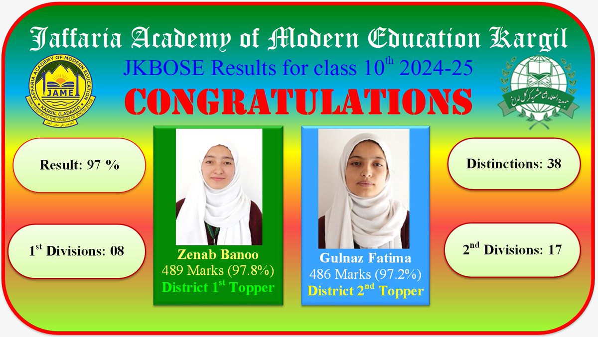 #HugeCongratulations to JAME students!
Unmatched Excellence!
- 1st &amp; 2nd in district 10th
- 97% pass percentile, 38 distinctions, eight 1st and 17 2nd Div.
-12th: 90% pass percentile, 24 distinctions,11 1st Div.
Proud moments for JAME! #JAMEExcels  #JKBOSE #AcademicAchievements