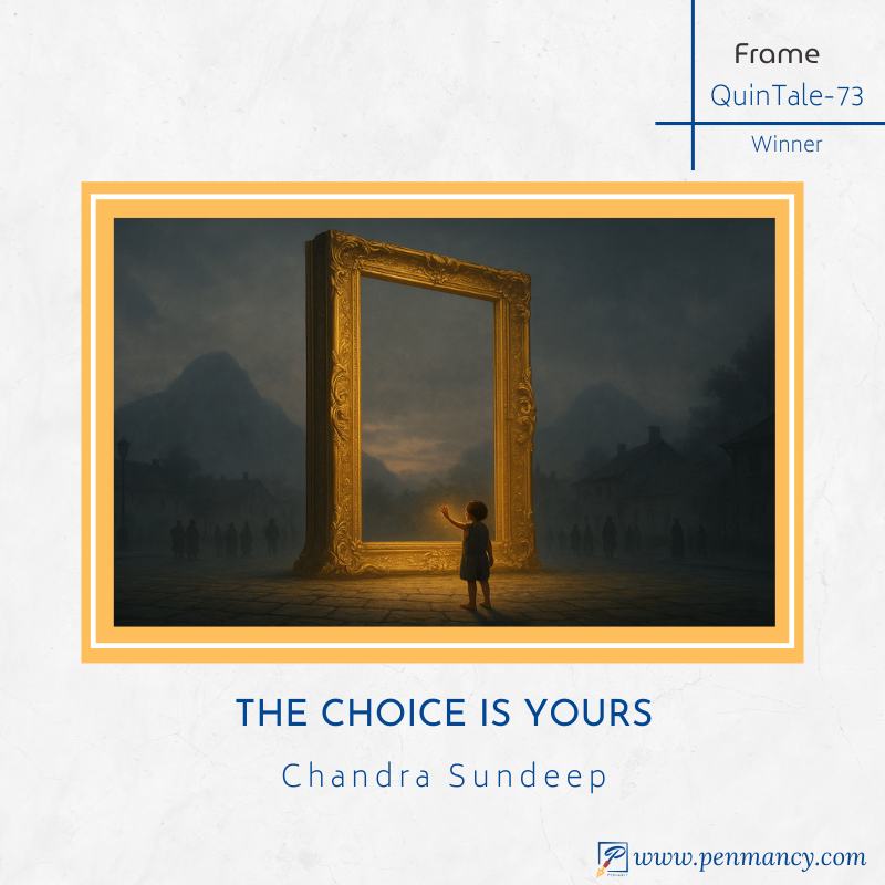 penmancy's tweet image. #QuinTale-73 Results

Let's congratulate -🤝👏

🥉: Eternity In A Frame by Deepa Vishal
🥈: The Frame of Life by Vidya Sanath
🥇: The Choice IS Yours by Chandra Sundeep

#writingprompt:  penmancy.com/quintale-73/

#fictionwritingcontest #AprilEvent #writingcontest #flashfiction