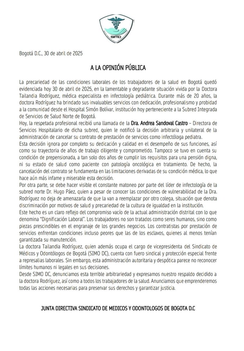 En la <a href="/SubRedNorte/">Subred Norte ESE</a> , desconocen las garantías sindicales de los trabajadores y vulneran derechos de la colega Dra Tailandia Rodríguez. <a href="/SectorSalud/">Secretaría Distrital de Salud</a> <a href="/PGN_COL/">Procuraduría General de la Nación</a> <a href="/DefensoriaCol/">Defensoría del Pueblo</a> <a href="/MintrabajoCol/">MinTrabajo</a> <a href="/personeriabta/">Personería de Bogotá</a> @sicolped <a href="/ColegioMedicoCB/">Colegio Médico CB</a> <a href="/MedicoFernandez/">German Fernandez</a>