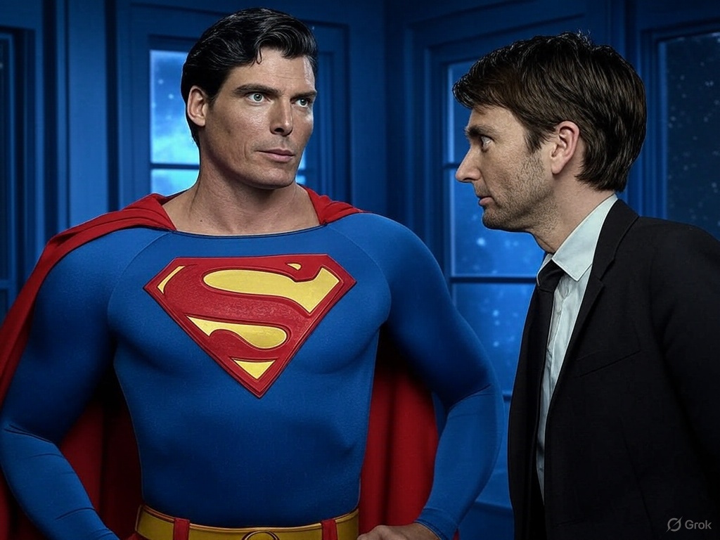 Grok Prompt: "Create a crossover comic book cover with Christopher Reeve Superman inside the Tardis with David Tennant from Doctor Who" Shit, I could do this all day and write my own comic!