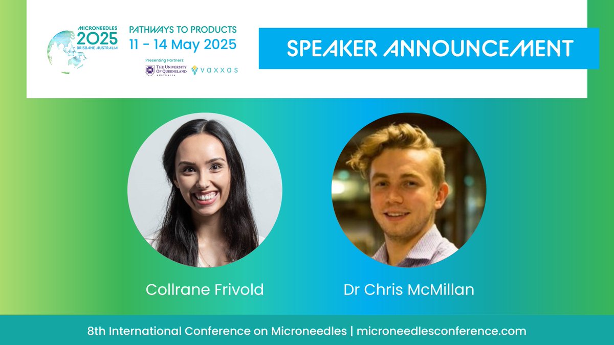 International Conference on Microneedles (@icmicroneedles) on Twitter photo Advancing vaccine & drug delivery!
💉Collrane Frivold (PATH) – microarray patch innovations
🦠 Dr <a href="/ChrisLDMcMillan/">Chris McMillan</a> (UQ) – nucleic acid vaccine delivery
Be part of #Microneedles2025 in Brisbane, 11-14 May! See all the speakers and secure your spot today: microneedlesconference.com/speakers/ Advancing vaccine & drug delivery!
💉Collrane Frivold (PATH) – microarray patch innovations
🦠 Dr <a href="/ChrisLDMcMillan/">Chris McMillan</a> (UQ) – nucleic acid vaccine delivery
Be part of #Microneedles2025 in Brisbane, 11-14 May! See all the speakers and secure your spot today: microneedlesconference.com/speakers/