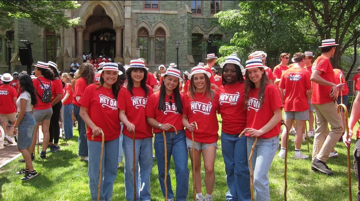 PennGym's tweet image. Happy Hey Day! ❤️💙🎉

Hey Day is a tradition at Penn that celebrates juniors becoming seniors. Since 1916, juniors march down Locust Walk wearing red shirts and straw hats, carrying bamboo canes, officially declaring their senior status.

Congrats Class of 2026!
