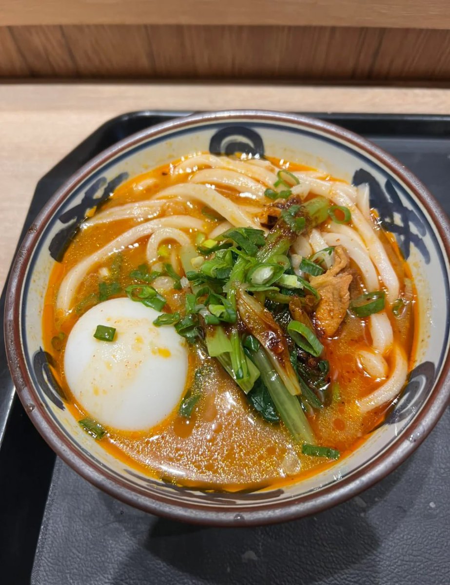ピリッとした辛さが押し寄せてきて、とろとろとしたスープには赤い油が漂い、吸い込みを誘うように歯のはじけるうどんがどんぶりの中で渦巻いています🔥