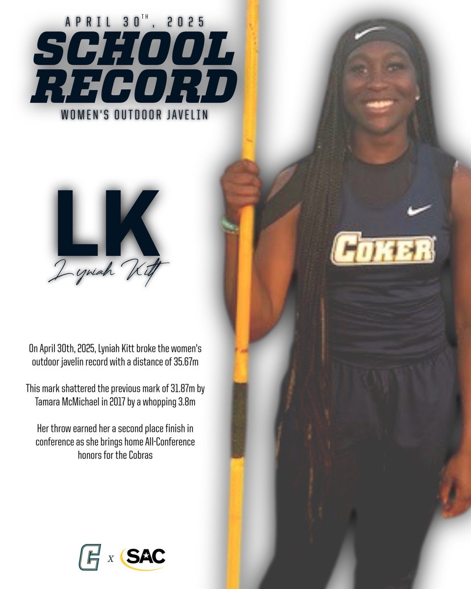 Coker Cobras (@coker_cobras) on Twitter photo The freshman writes her name in history ✍️
#GoCobras <a href="/CokerTFXC/">Coker University XC/T&F</a> <a href="/SAC_Athletics/">South Atlantic Conference</a> The freshman writes her name in history ✍️
#GoCobras <a href="/CokerTFXC/">Coker University XC/T&F</a> <a href="/SAC_Athletics/">South Atlantic Conference</a>