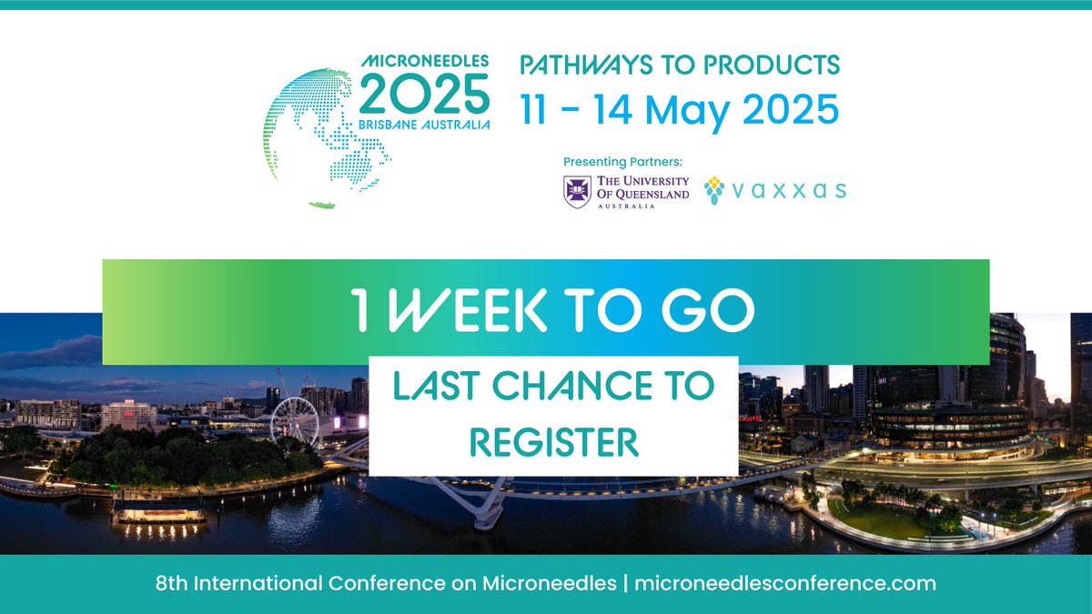The countdown is on: 1 WEEK TO GO!

#Microneedles2025 lands in Brisbane 11-14 May.

Join global leaders in drug delivery, diagnostics and vaccines as we explore the Pathways to Products.

⏳Last chance to register: microneedlesconference.com/pages/registra…

#Microneedles #MicroarrayPatchTechnology