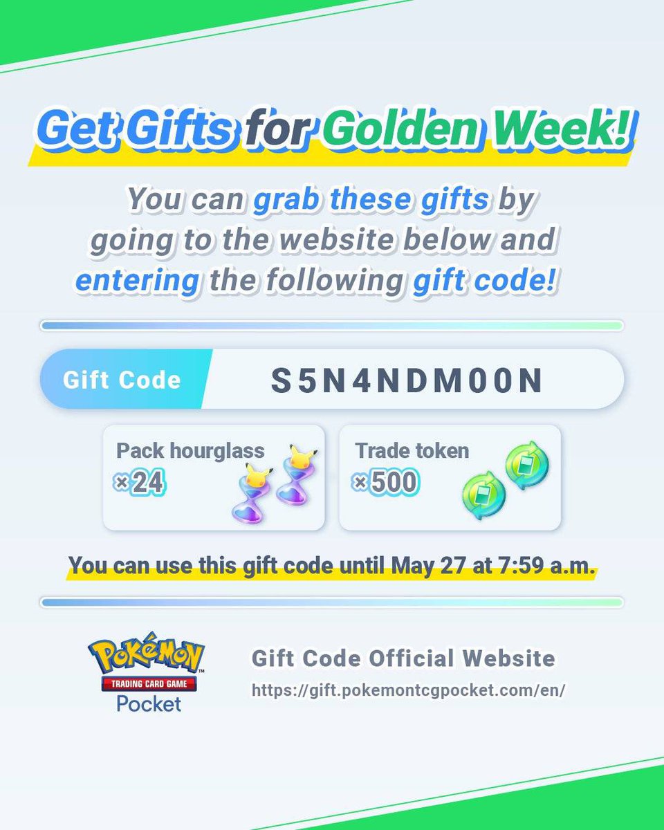 They’re really crushing this update, don’t forget to claim your FREE hourglasses and trade tokens! ✨#PokemonTCGPocket 

Claim website: gift.pokemontcgpocket.com/en/

Gift Code: S5N4NDM00N