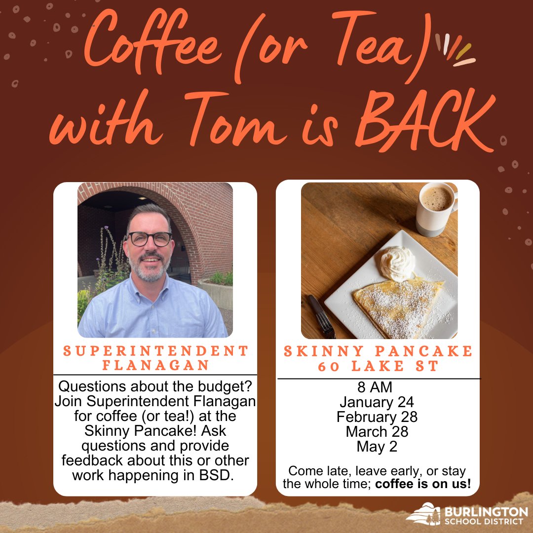 See you in the morning for our last "Coffee with Tom" of the school year! #timeflies #freecoffee #btv <a href="/SkinnyPancake/">The Skinny Pancake</a>