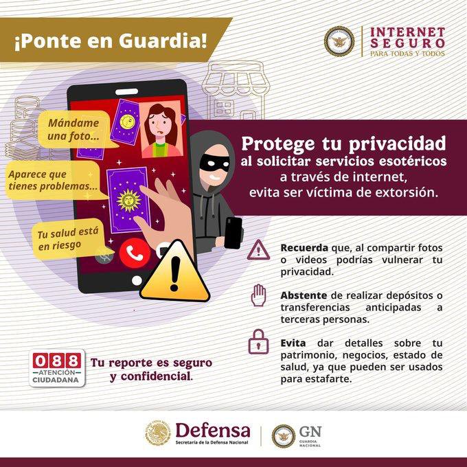 Refuerza tu privacidad y evita ser víctima de extorsión ante servicios en línea. La #GuardiaNacional te brinda las siguientes recomendaciones. Por un #InternetSeguroParaTodasYTodos