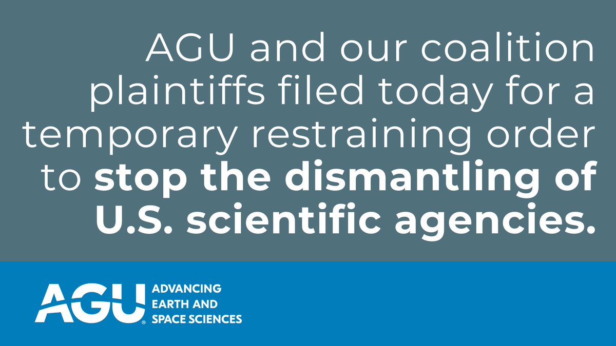 TODAY, in AGU's new lawsuit, our plaintiff’s coalition filed to temporarily restrain the government from implementing Pres. Trump’s Executive Order for "large scale” RIFs, including at NOAA, NSF and others. 

fromtheprow.agu.org/agu-files-new-…
