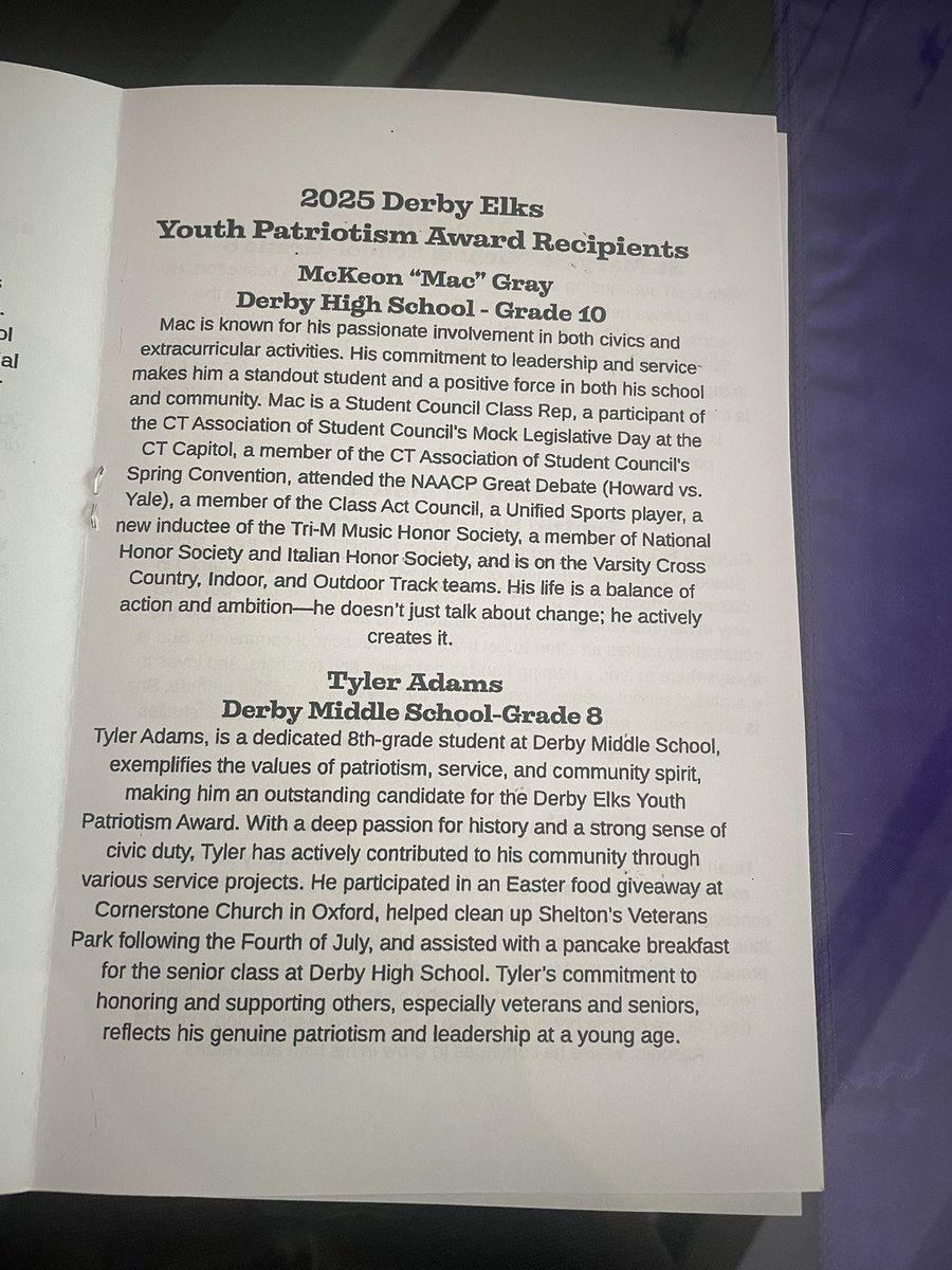 DerbyMiddle_CT's tweet image. Congratulations to Tyler Adam’s for receiving the Derby Elks Youth Patriotism Award this evening! #WeAreDMS