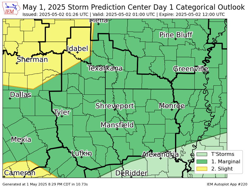 #SPC issues Day 1 Slight Convective Risk at May 2, 1:26z for SHV spc.noaa.gov/products/outlo…