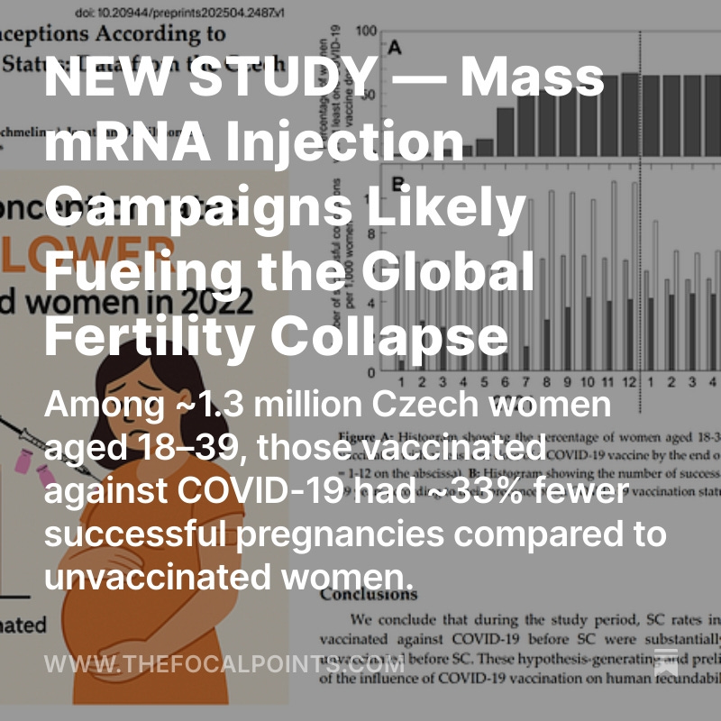 NEW STUDY — Mass mRNA Injection Campaigns Likely Fueling the Global Fertility Collapse

Among ~1.3 million Czech women aged 18–39, those vaccinated against COVID-19 had ~33% fewer successful pregnancies compared to unvaccinated women.  Given the dangerous mechanism of action of