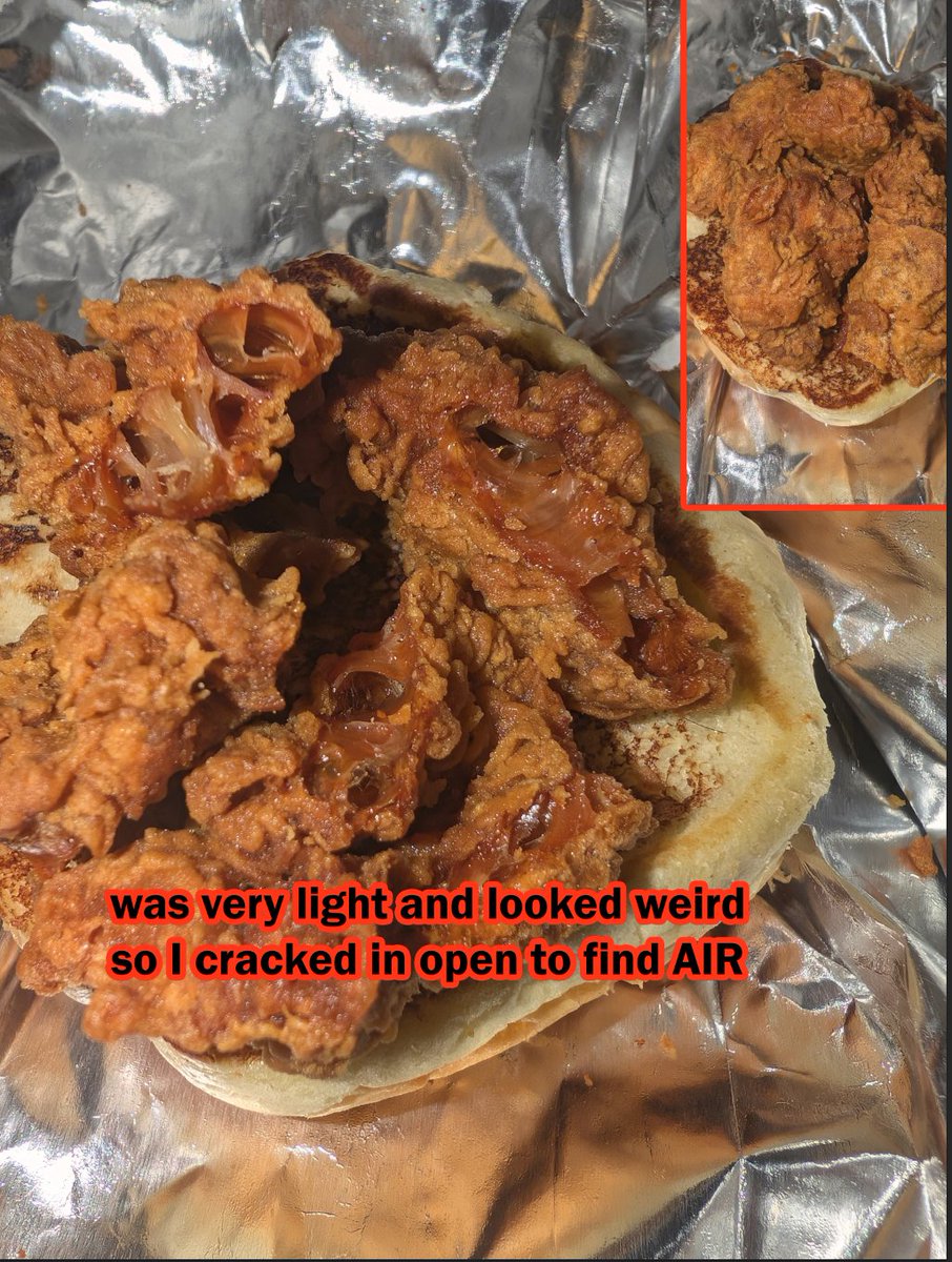 MikeThinks's tweet image. Got a chicken sandwich from @Popeyes  literally a bun with hollow cooked breading, and ZERO MEAT. #scam  I mean WTF is going on, they had to know, it weighs nothing. At least its not a fried rodent.

I don't want a coupon or refund I want that store to have a come to Jesus call.