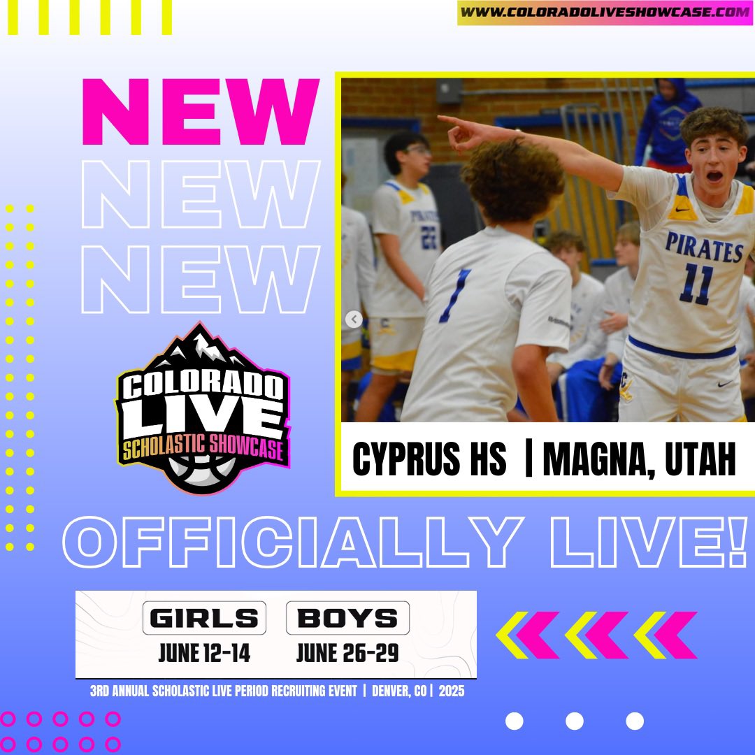 COLORADO LIVE Scholastic Showcase (@coloradolive_ss) on Twitter photo ๐จOFFICIALLY LIVEโผ๏ธ๐๐๏ธ
Welcome back to Colorado Live!!!
<a href="/CyprusHoops/">Cyprus Hoops</a> | Cyprus HS ๐๐ฅ๐ฅ
Glad to have you on Rocky Mountains Big Stage!!
๐ Denver, CO
๐ June 26-29th
โณ Boys Registration ends June 6th
๐ป ColoradoLiveShowcase.com โฌ
๏ธโ
Donโt miss itโผ๏ธ Register Today!๐ซ ๐จOFFICIALLY LIVEโผ๏ธ๐๐๏ธ
Welcome back to Colorado Live!!!
<a href="/CyprusHoops/">Cyprus Hoops</a> | Cyprus HS ๐๐ฅ๐ฅ
Glad to have you on Rocky Mountains Big Stage!!
๐ Denver, CO
๐ June 26-29th
โณ Boys Registration ends June 6th
๐ป ColoradoLiveShowcase.com โฌ
๏ธโ
Donโt miss itโผ๏ธ Register Today!๐ซ