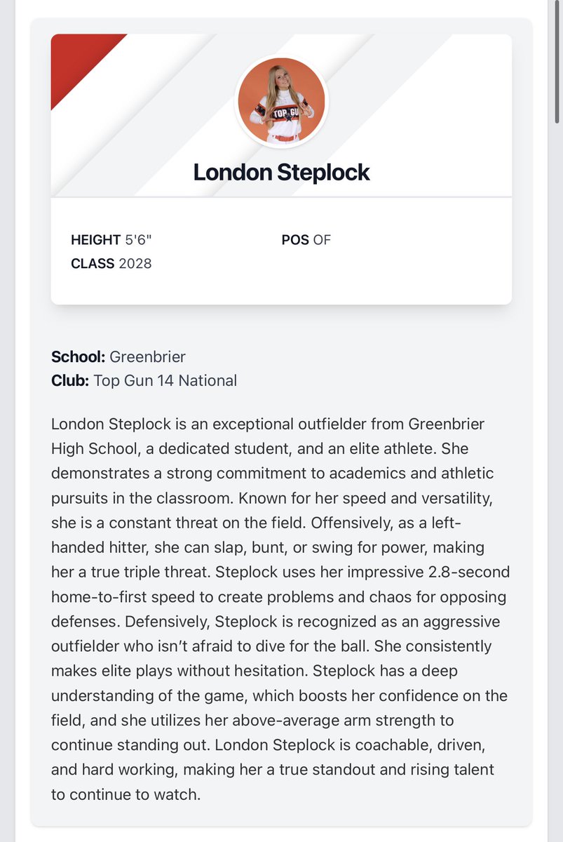 London Steplock 🥎2️⃣0️⃣2️⃣8️⃣ (@londonsteplock) on Twitter photo Thank you <a href="/PrepSoftball/">Prep Softball 🥎</a> for the recognition! Congrats to the other players highlighted on this list!
<a href="/TG_14_National/">Top Gun 14 National</a> <a href="/topgunfastpitch/">Top Gun Fastpitch</a> <a href="/IHartFastpitch/">I❤️Fastpitch</a> <a href="/D1Softball/">D1Softball</a> <a href="/DirectRecruits/">Direct Recruits</a> <a href="/ExtraInningSB/">EXTRA INNING SOFTBALL</a> <a href="/SoftbalAmerica/">Softball America</a> <a href="/LineDsoftball/">Line Drive Media</a> <a href="/SBRRetweets/">Softball Recruiting Reposts</a> <a href="/CoastRecruitsSB/">Coast Recruits 🥎</a> <a href="/TopPreps/">College Coaches / Scouts / College Recruiters</a> Thank you <a href="/PrepSoftball/">Prep Softball 🥎</a> for the recognition! Congrats to the other players highlighted on this list!
<a href="/TG_14_National/">Top Gun 14 National</a> <a href="/topgunfastpitch/">Top Gun Fastpitch</a> <a href="/IHartFastpitch/">I❤️Fastpitch</a> <a href="/D1Softball/">D1Softball</a> <a href="/DirectRecruits/">Direct Recruits</a> <a href="/ExtraInningSB/">EXTRA INNING SOFTBALL</a> <a href="/SoftbalAmerica/">Softball America</a> <a href="/LineDsoftball/">Line Drive Media</a> <a href="/SBRRetweets/">Softball Recruiting Reposts</a> <a href="/CoastRecruitsSB/">Coast Recruits 🥎</a> <a href="/TopPreps/">College Coaches / Scouts / College Recruiters</a>