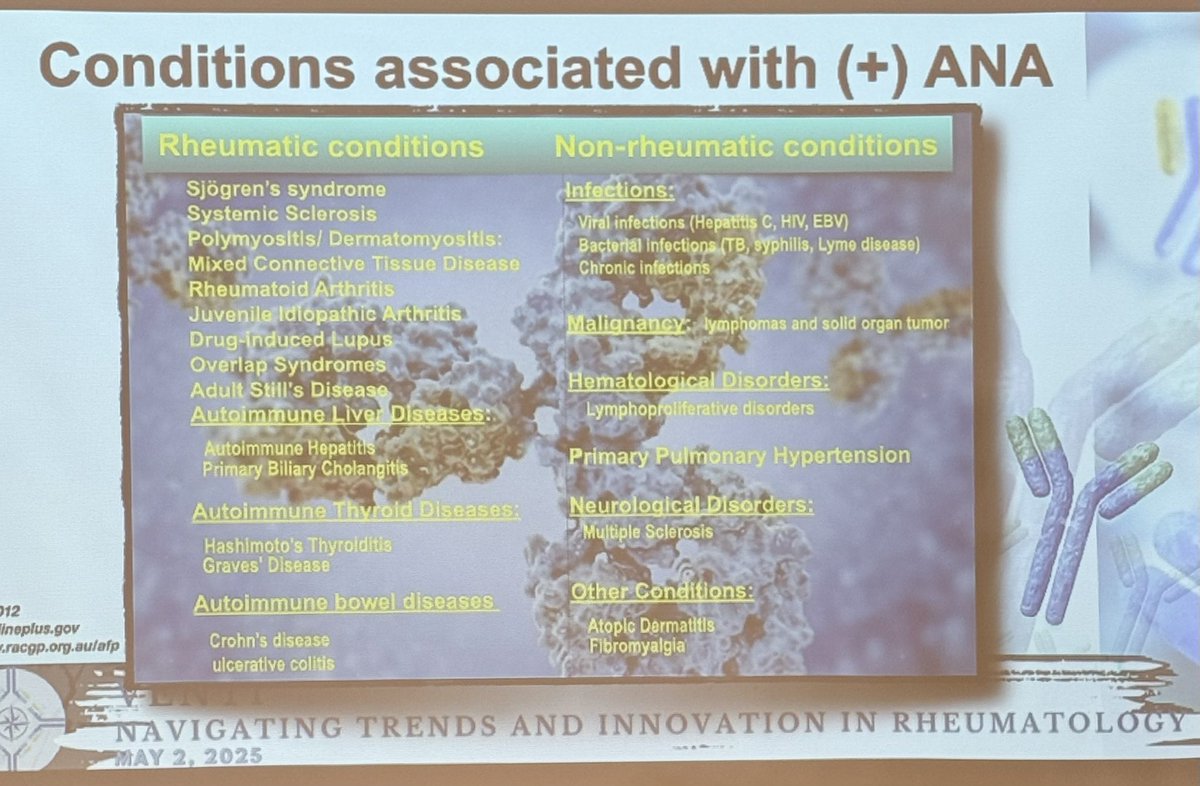Choose wisely! 
Requesting for and interpreting ANAs should be done in the appropriate clinical setting. 
Apart from rheumatic conditions, a (+) ANA can also be seen in infections, malignancy, hematologic &amp; neurologic disorders. 
#rheumatology 
<a href="/rheumarhyme/">𝓛𝓲𝓼𝓪 🐳🗺🧭</a> <a href="/marklagacmd/">Mark Lawrence Lagac</a>