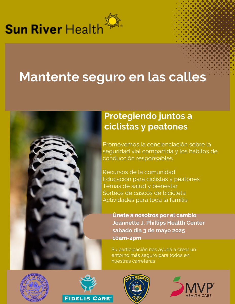 The Bicycle and Pedestrian Safety Event is this Saturday, May 3rd, from 10 am to 2 pm. 
At the entrance of Sun River Health Care, 1037 Main Street, Peekskill, NY 10566.
If it rains, the event will be moved to the atrium. 
Follow the balloons!