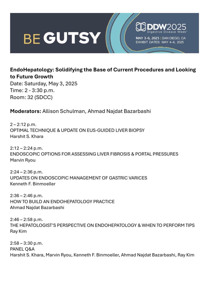 Ahmad N. Bazarbashi أحمد بازارباشي (@ahmadbazarbashi) on Twitter photo For those interested in endohepatology, join me and <a href="/allie_schulman/">Allison Schulman MD, MPH</a> at <a href="/DDWMeeting/">Digestive Disease Week</a> as we moderate this exciting endohep focused session with great lectures by <a href="/HarshitKharaMD/">Harshit S. Khara, MD, FACG, FASGE</a> #MarvinRyou #KennethBinmoelller <a href="/WRayKimMD/">W Ray Kim</a>.
Saturday May 3rd at 2:00pm in room 32 For those interested in endohepatology, join me and <a href="/allie_schulman/">Allison Schulman MD, MPH</a> at <a href="/DDWMeeting/">Digestive Disease Week</a> as we moderate this exciting endohep focused session with great lectures by <a href="/HarshitKharaMD/">Harshit S. Khara, MD, FACG, FASGE</a> #MarvinRyou #KennethBinmoelller <a href="/WRayKimMD/">W Ray Kim</a>.
Saturday May 3rd at 2:00pm in room 32