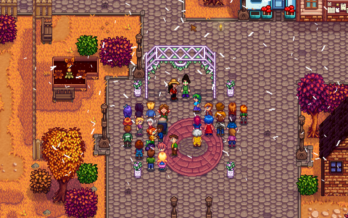 Dandanyami's tweet photo. Eu e a @chumwo jogando stardew valley de BingQiu, dessa vez o casamento foi publico diferente do casamento em svsss https://t.co/xUPquNVo8b