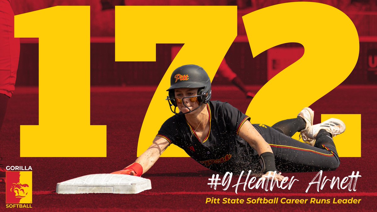 🚨PROGRAM RECORD🚨

With her second run scored tonight against Missouri Western, Heather Arnett is now the Gorilla Softball career leader in runs scored 🦍🥎

Arnett has scored 172 runs and counting for PSU.

<a href="/Gorilla_SFB/">Pitt State Softball 🥎</a>|<a href="/pittstate/">Pittsburg State</a>