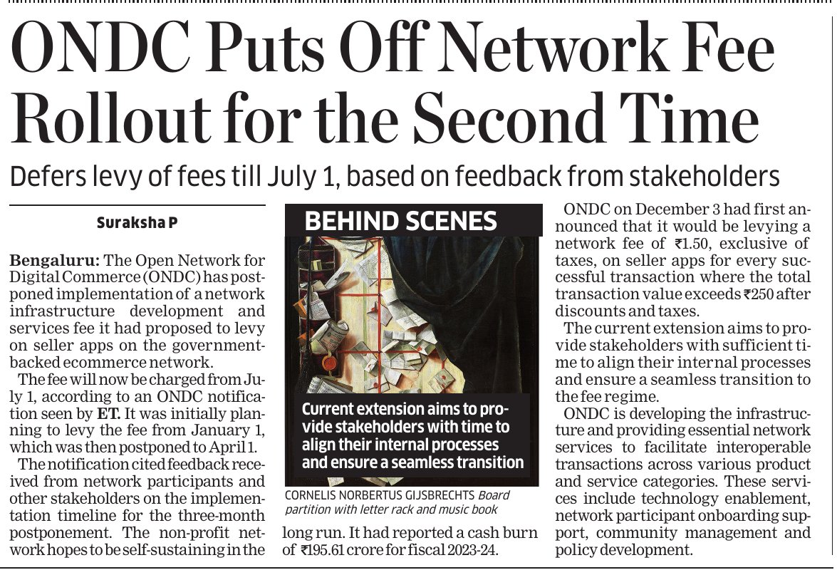 Suraksha P (@surakshapinnuet) on Twitter photo . <a href="/ONDC_Official/">ONDC India</a> has postponed implementation of a network fee it had proposed to levy on seller apps. The fee will now be charged from July 1. It was initially planning to levy the fee from January 1, which was then postponed to April 1.
m.economictimes.com/tech/technolog… . <a href="/ONDC_Official/">ONDC India</a> has postponed implementation of a network fee it had proposed to levy on seller apps. The fee will now be charged from July 1. It was initially planning to levy the fee from January 1, which was then postponed to April 1.
m.economictimes.com/tech/technolog…