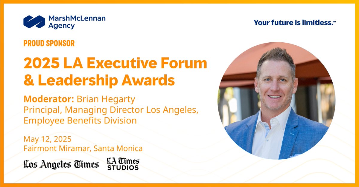 We are proud to be a sponsor of the 2025 @LATimes Studios Business Executive Forum &amp; Leadership Awards! #MarshMMA Los Angeles Principal, Managing Director Brian Hegarty will be moderating. Learn more and get tickets here: lat.ms/42Yq0l2