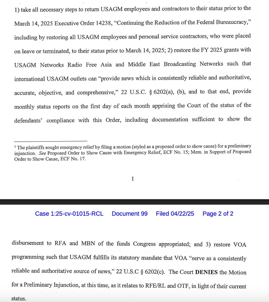 JUST IN: A DC Circuit panel (with two Trump appointees) has blocked parts of Judge Lamberth's order to continue funding Voice of America and its affiliate news organizations -- but left in place the order to restore staff and programming to VoA.