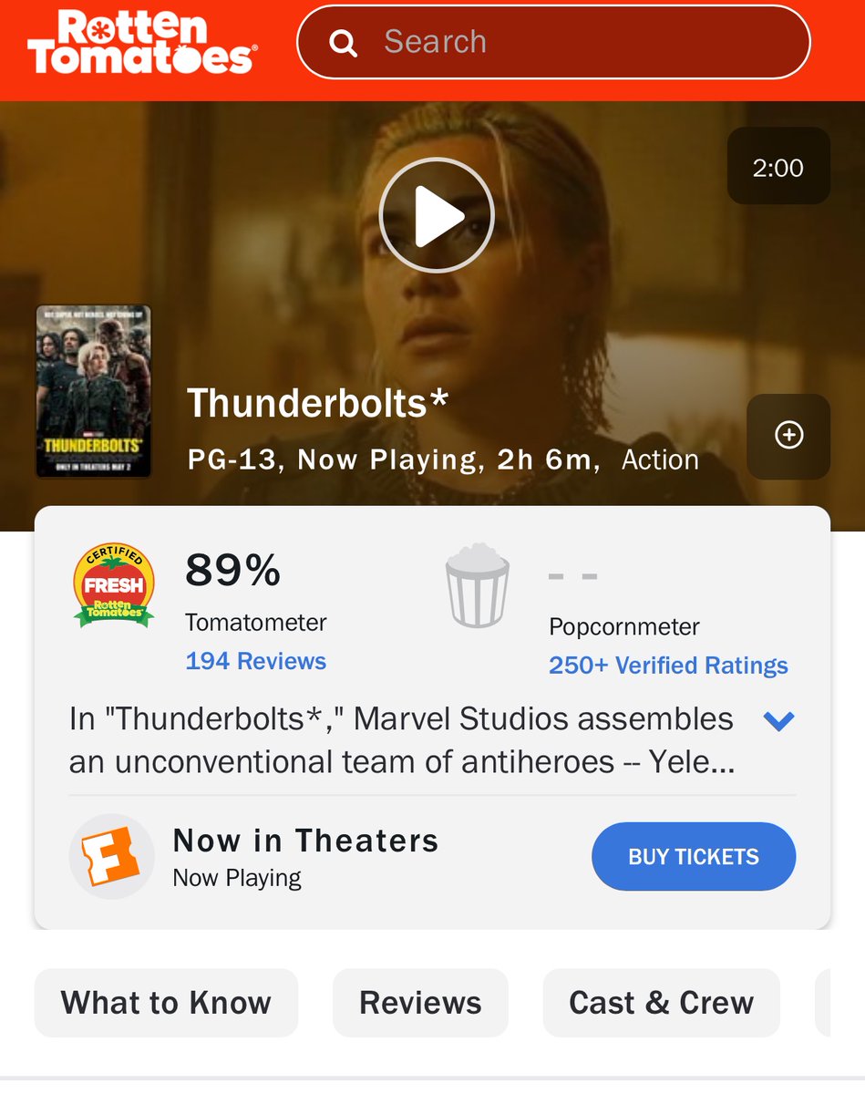 AnimedAlmightyX's tweet photo. Thunderbolts was actually a huge hit It’s 89% of rotten tomatoes. That is a good critic score. Now we just have to wait for the popcornmeter from the audience we’ll see what they think about this movie I can say Marvel is definitely back because this is a box office masterpiece👑 https://t.co/ZhHBWLx5FC