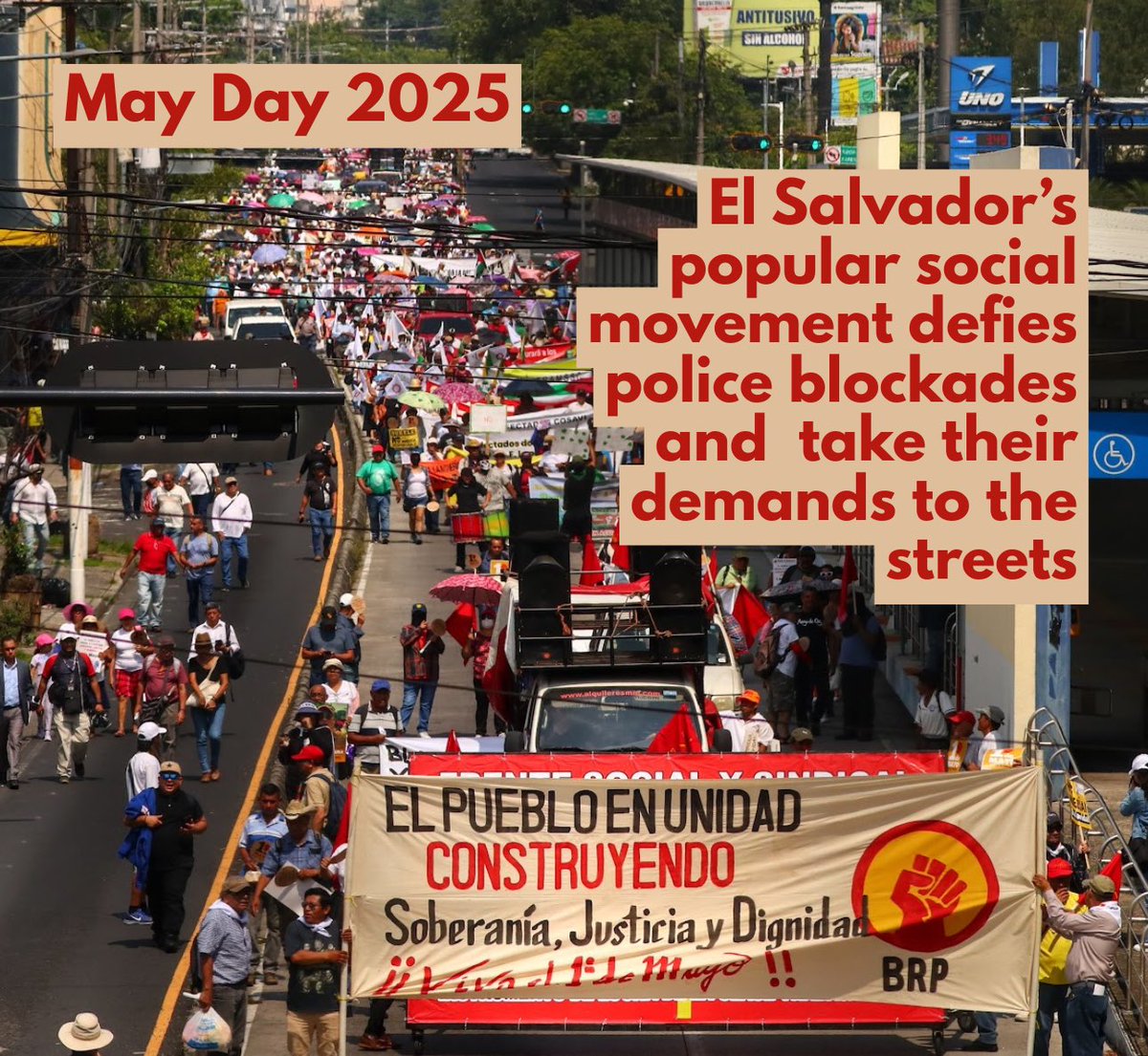 Today, El Salvador’s popular social movement defied police road blockades across the country to take their demands to the streets! Photos from the march convened by the <a href="/bloquepopular/">Orlando Campos</a>. Blog forthcoming!