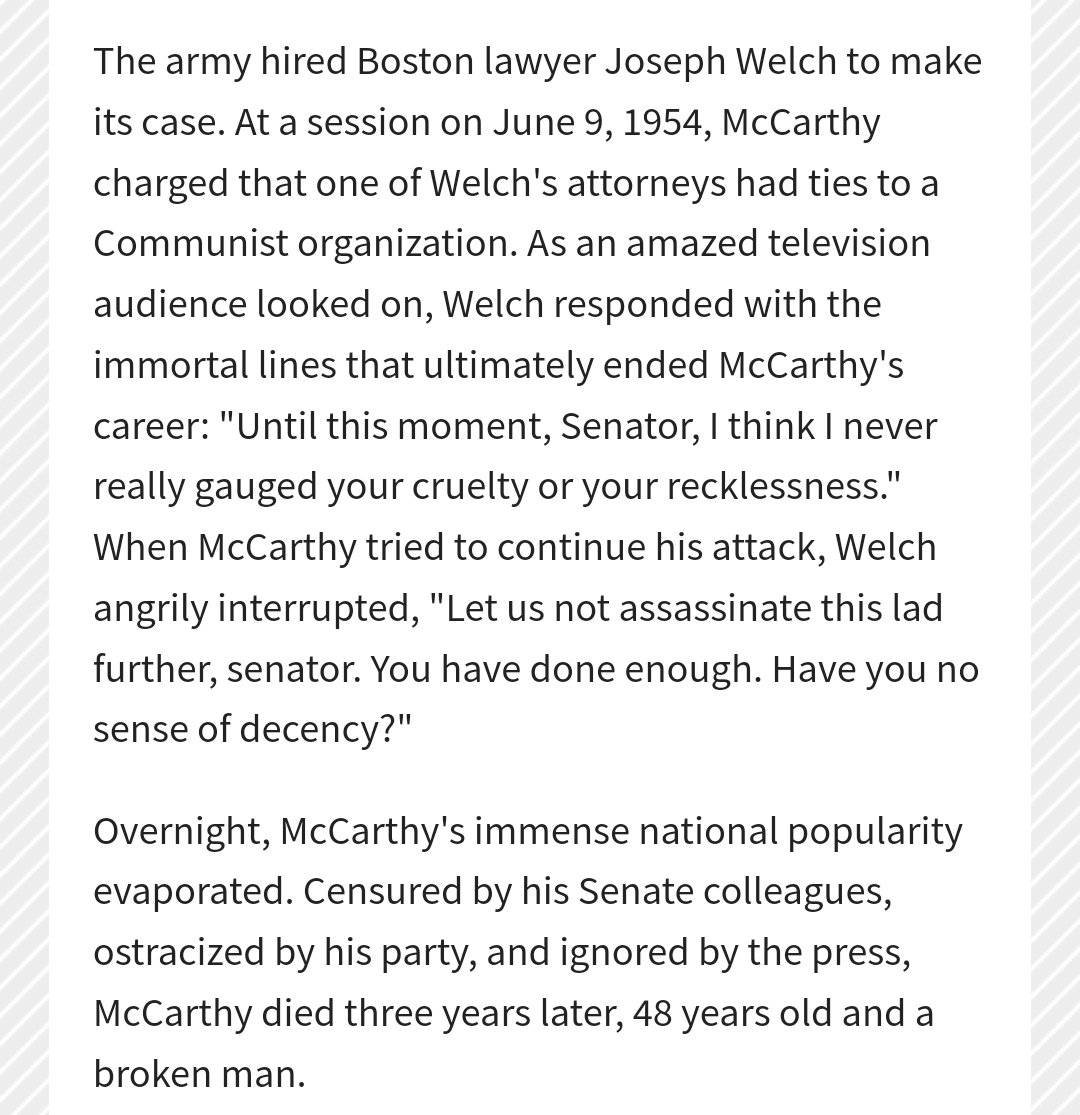 The moment that ended McCarthy era is kind of a convenient myth. That aside, it conveys a truism. Such RW rowdyism ends when enough Hindus stand up in their own societal spaces &amp; say their variant of: "You have done enough. Have you no sense of decency?"

telegraphindia.com/opinion/six-st…