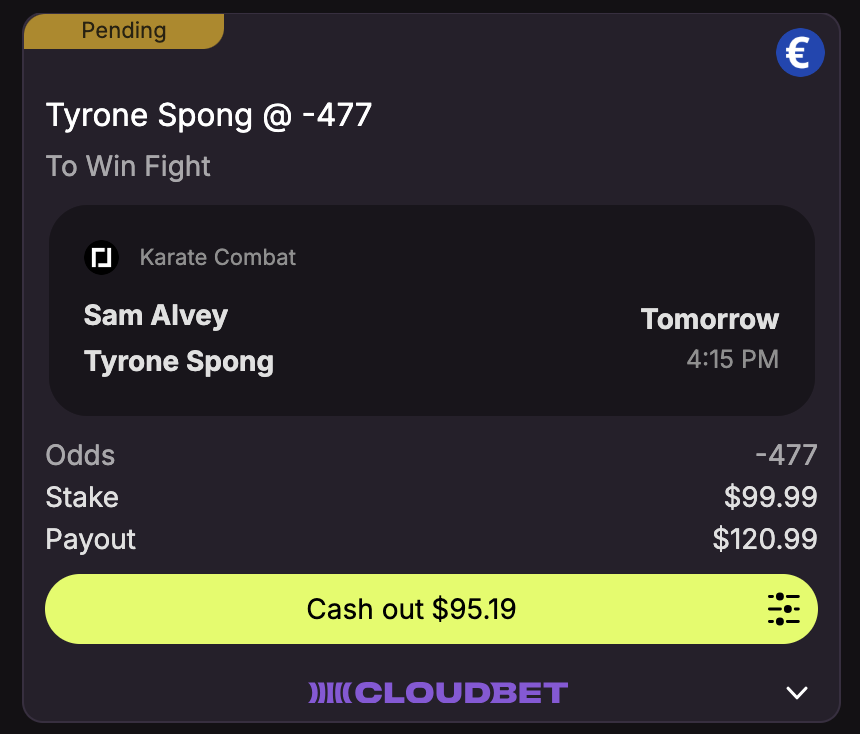 When it comes to a kickboxing fight Tyrone Spong has the advantages over Sam Alvey via kicks and punches. Oddsmakers at time of this bet have him a (-477) favorite.
You know we love us some 'Smilin' Sam Alvey, but the champ is a huge dog at (+368). 

Who u riding with: Spong or
