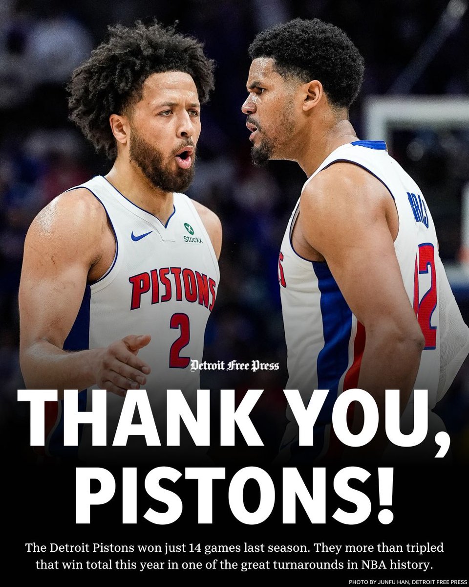 freep's tweet image. The @DetroitPistons won just 14 games last season. They won 44 this season, reaching the playoffs for the first time in 6 years. And they lit up Little Caesars Arena in the process.
 
The future is bright in Detroit basketball. Thank you, Pistons, for a fun season. 🏀