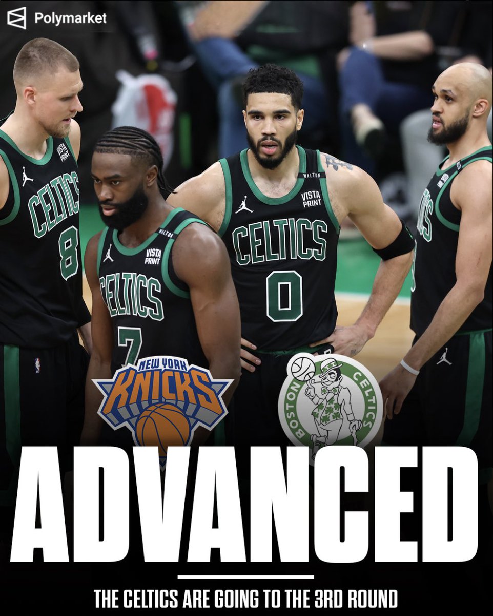 PolymarketSport's tweet photo. The Celtics have advanced to eastern conference finals after getting matched up with the Knicks in the 2nd round https://t.co/mypS421heD