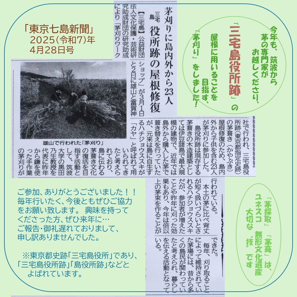 今年の #茅刈り ご協力ご参加、ありがとうございました！#東京七島新聞 に掲載されました。二か月も音沙汰なくごめんなさい…御礼・お詫びを兼ね、ご報告いたします。当日は、お天気にも超恵まれたのでした☀感謝。
#三宅島 #伊豆諸島 #東京の島
#三宅島役所跡 #東京都史跡　#文化財
#茅葺き屋根 #カヤ