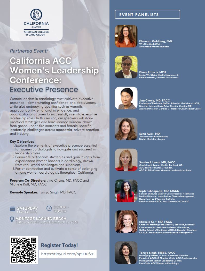 Janet Wei MD (@janetweimd) on Twitter photo Looking for career advancement, improved leadership effectiveness, increased influence? Come join <a href="/CaliforniaACC/">California ACC</a> Saturday May 10 to learn from successful women leaders in cardiology during the HealthTech Horizons Summit!
👉 Register: ow.ly/MT7Y50U6z40
#ACCWIC #ACCFIT Looking for career advancement, improved leadership effectiveness, increased influence? Come join <a href="/CaliforniaACC/">California ACC</a> Saturday May 10 to learn from successful women leaders in cardiology during the HealthTech Horizons Summit!
👉 Register: ow.ly/MT7Y50U6z40
#ACCWIC #ACCFIT