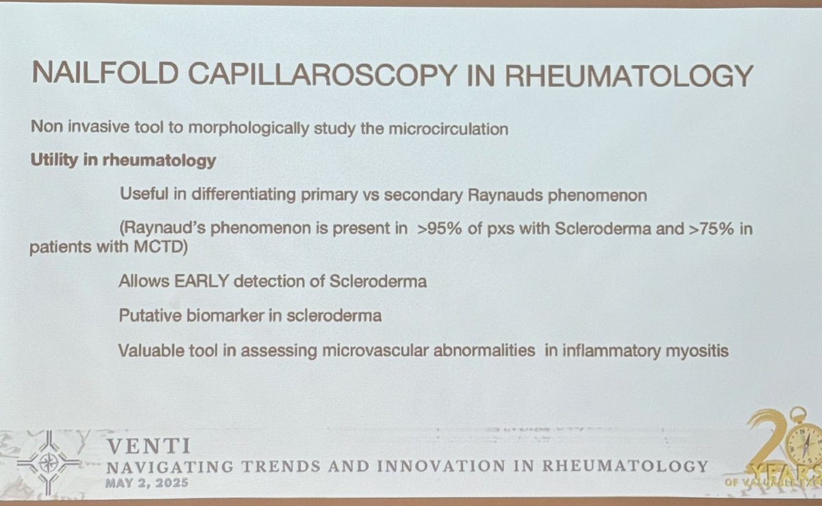 Nailfold capillaroscopy in #rheumatology is useful in differentiating primary &amp; secondary Raynaud’s phenomenon. 
It also allows early detection of Scleroderma. 
<a href="/rheumarhyme/">𝓛𝓲𝓼𝓪 🐳🗺🧭</a> <a href="/marklagacmd/">Mark Lawrence Lagac</a>