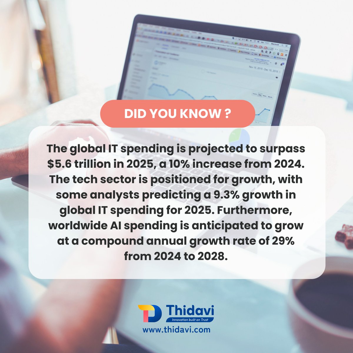 ThidaviTech's tweet photo. Are you ready to ride the wave of digital transformation?

#FridayFact #ThidaviTech #ITSpending2025 #AITech #DigitalTransformation #TechTrends #FutureOfIT #InnovationDriven #TechGrowth #Thidavi #SoftwareDevelopment #SoftwareOutsourcing #StaffAugmentation #WebDevelopment https://t.co/p7jgAi9vv3