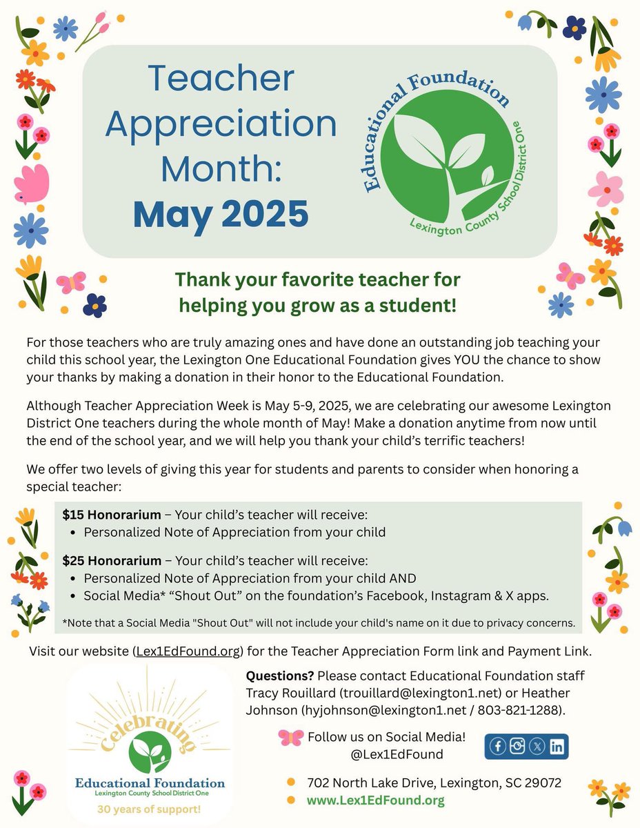 Ed Foundation (@lex1edfound) on Twitter photo Parents, thank your favorite teachers for helping your child grow as a student! Weโre celebrating our <a href="/LexingtonOne/">Lexington County School District One</a> Teachers the whole month of May. Make an honorarium gift & weโll help you thank your childโs amazing teachers! Visit: Lex1EdFound.org #TeacherAppreciation Parents, thank your favorite teachers for helping your child grow as a student! Weโre celebrating our <a href="/LexingtonOne/">Lexington County School District One</a> Teachers the whole month of May. Make an honorarium gift & weโll help you thank your childโs amazing teachers! Visit: Lex1EdFound.org #TeacherAppreciation