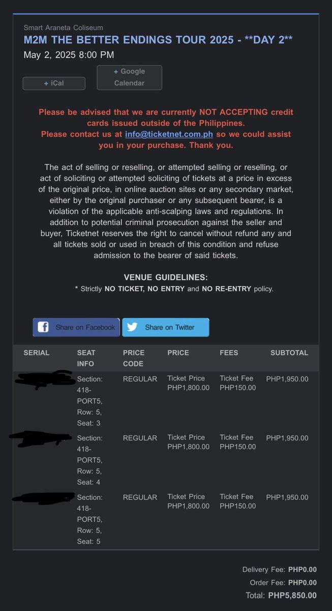 ddalkyum's tweet photo. M2M The Better Endings Tour Manila

WTS / LFB PH
⁃M2M Day 2 tickets (May 2)
⁃3 UB tickets section 418
⁃Selling at SRP: 1800+150 (ticket fee) per ticket, only selling as a set!
⁃e-ticket only

RFS: Schedule conflicts https://t.co/FGS8gZrn53