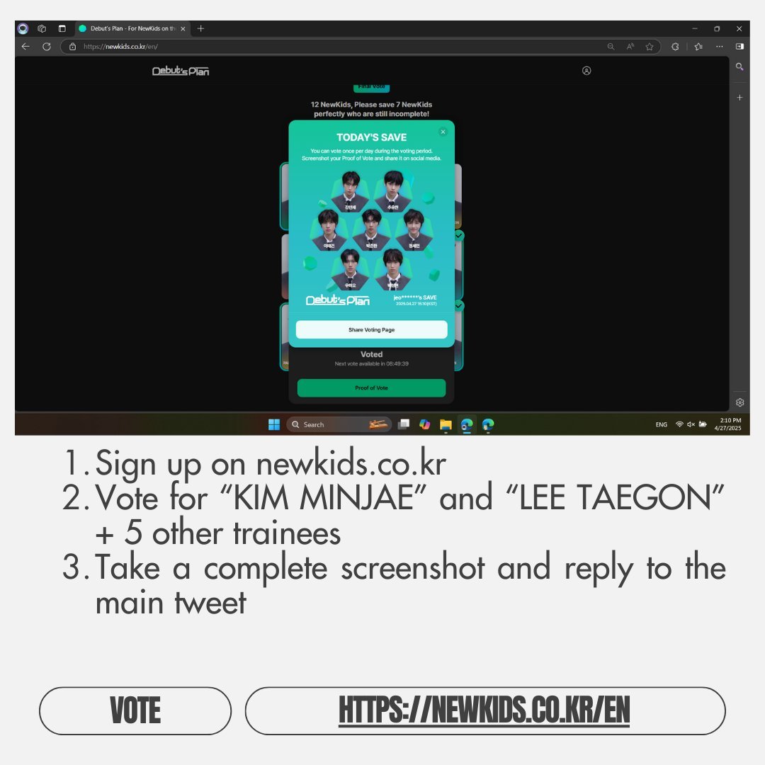 [DAY 6 WENDY X KIM MINJAE X LEE TAEGON VOTING]

Let's keep going~ The more votes for our trainees, the more vote for Wendy!🩵🤝

Goal: 40 accounts 
Rules: 1) 1 device = 1 vote 
-DO NOT use multiple emails on one device 
2) Take full screenshot of your voting proof (no cropping)