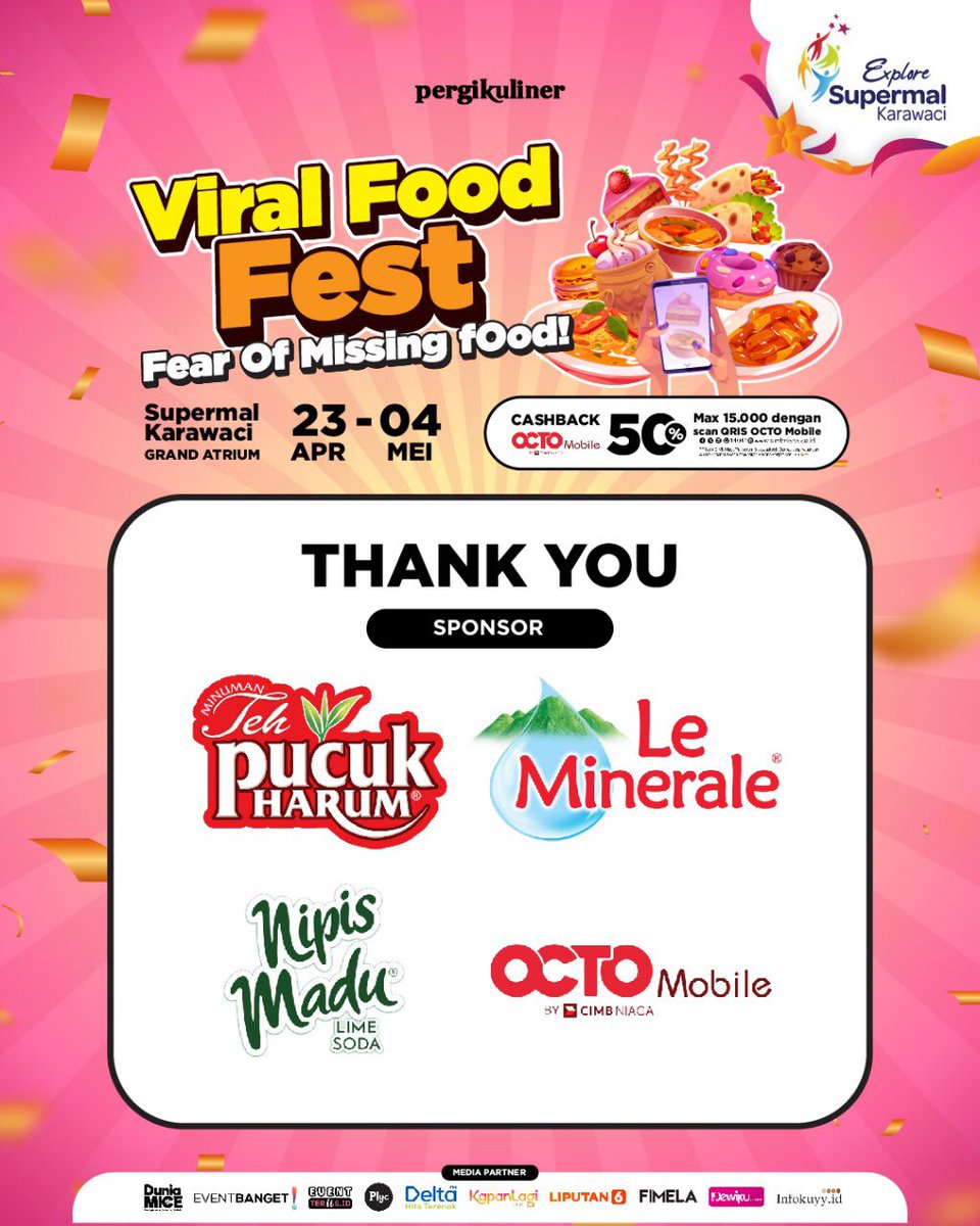 Terima kasih kepada sponsor &amp; media partner yang telah menjadi bagian dari keseruan 𝐏𝐞𝐫𝐠𝐢𝐊𝐮𝐥𝐢𝐧𝐞𝐫 𝐕𝐢𝐫𝐚𝐥 𝐅𝐨𝐨𝐝 𝐅𝐞𝐬𝐭 🤩

Berkat dukungan kalian, acara ini bisa berjalan lancar dan makin seru dari hari ke hari.

#PergiKuliner #ViralFoodFest #SupermalKarawaci