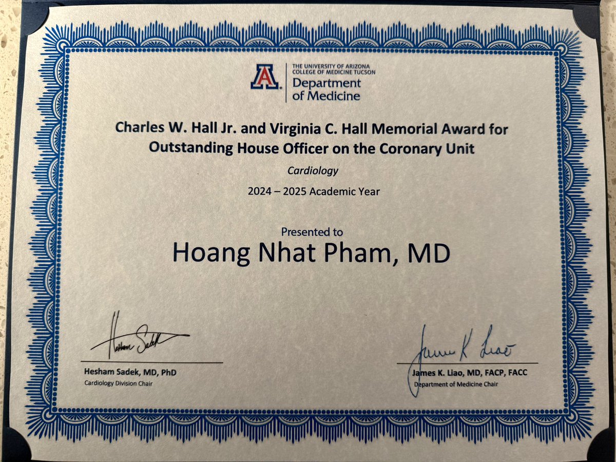 Hoang Nhat Pham (@hoangnhat_pham) on Twitter photo Honored to receive the Charles W. Hall Jr. and Virginia C. Hall Memorial Award for Outstanding House Officer on the Coronary Unit. Greatful to <a href="/UAZHeart/">UArizona Sarver Heart Center</a> and Dr. <a href="/heshamasadek/">Hesham Sadek</a> for this recognition and support! <a href="/UAZTucson_IMRes/">UArizona IM Residency, Tucson</a> Honored to receive the Charles W. Hall Jr. and Virginia C. Hall Memorial Award for Outstanding House Officer on the Coronary Unit. Greatful to <a href="/UAZHeart/">UArizona Sarver Heart Center</a> and Dr. <a href="/heshamasadek/">Hesham Sadek</a> for this recognition and support! <a href="/UAZTucson_IMRes/">UArizona IM Residency, Tucson</a>